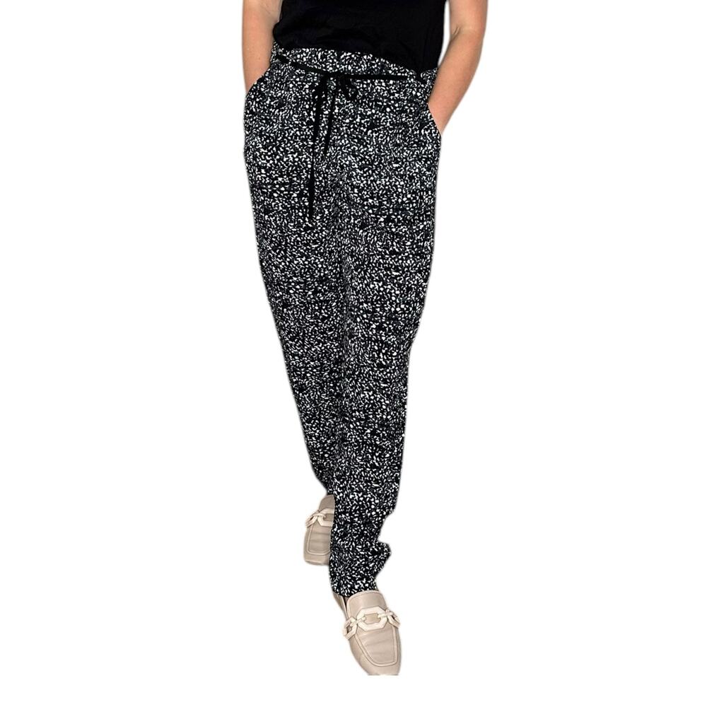 REBECCA TAYLOR Black White Speckled Satin Paperbag Lightweight Pants Size 12